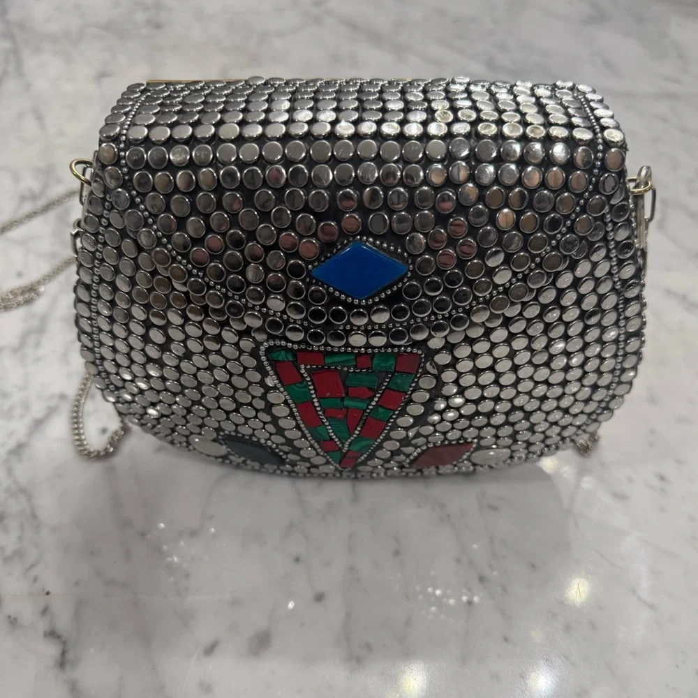EXCELLENT $235 Ramla Handmade Mosaic Silver Beaded Mini Bag Unique Collectible - Picture 6 of 10